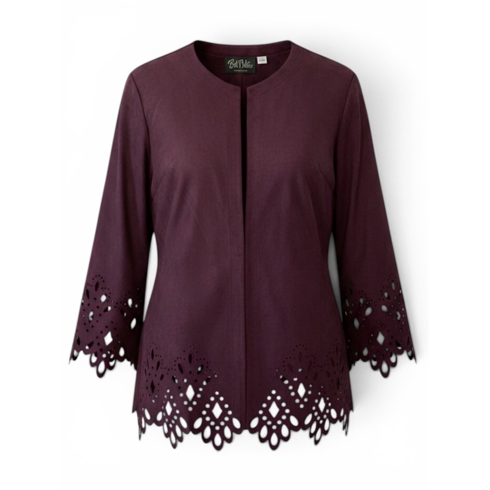 Bob Mackie Wearable Art Burgundy Faux Suede Laser Cut Open Front Jacket Medium
